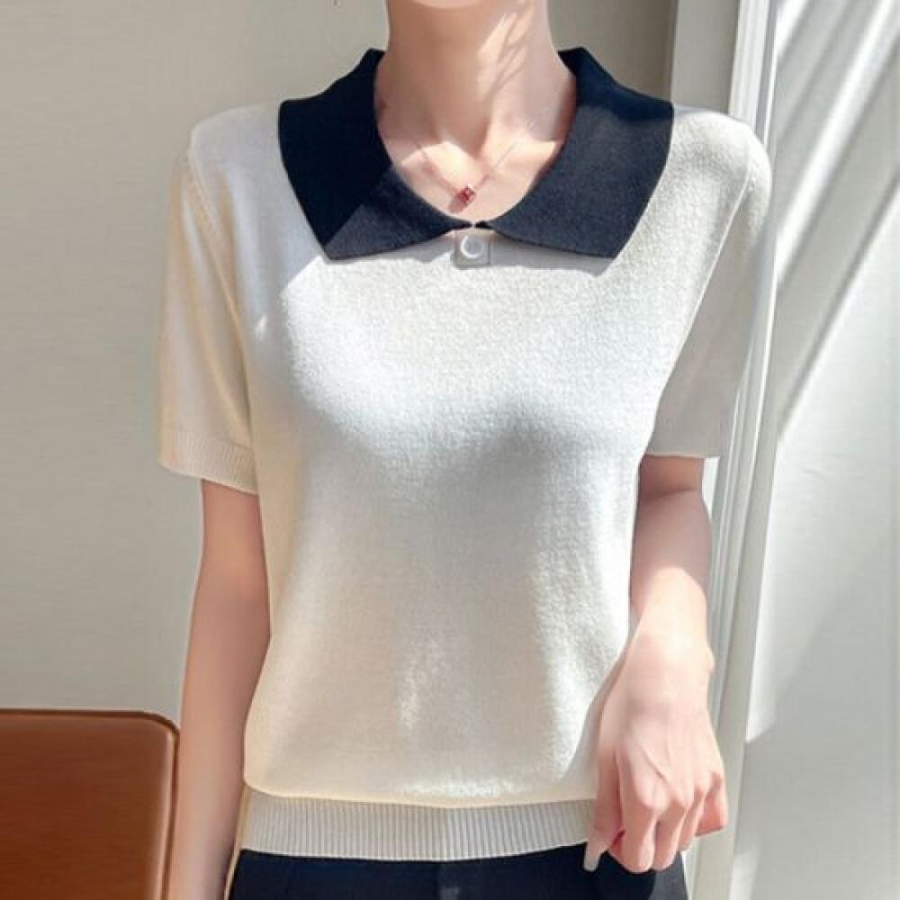 Navava Women Simple Daily Solid Collar ShorT Sleeve KniT T Nk2958