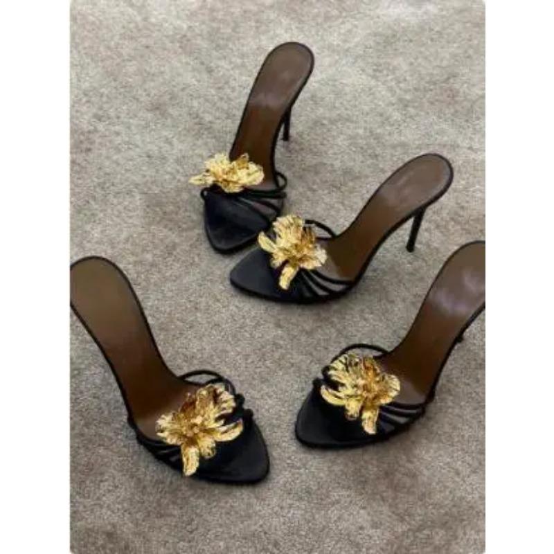 2025 Women Black Gold Genuine Leather Gold Metal Flower Open Toe Shallow Slip On  Stiletto Heel Slide Slippers Sandals