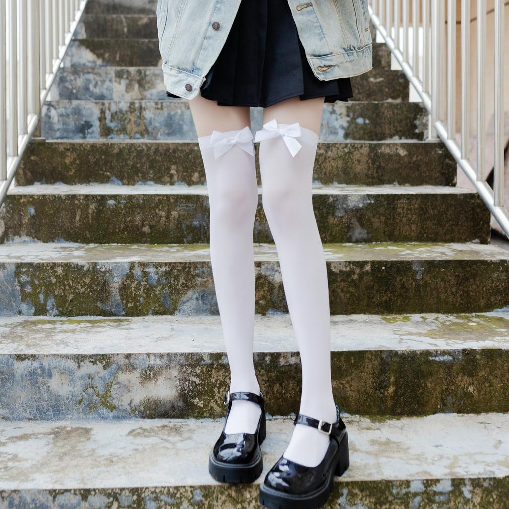 Women'S Socks, Velvet Thin Bow Jk Style College Socks, Solid Color Medium Tube Knee Socks