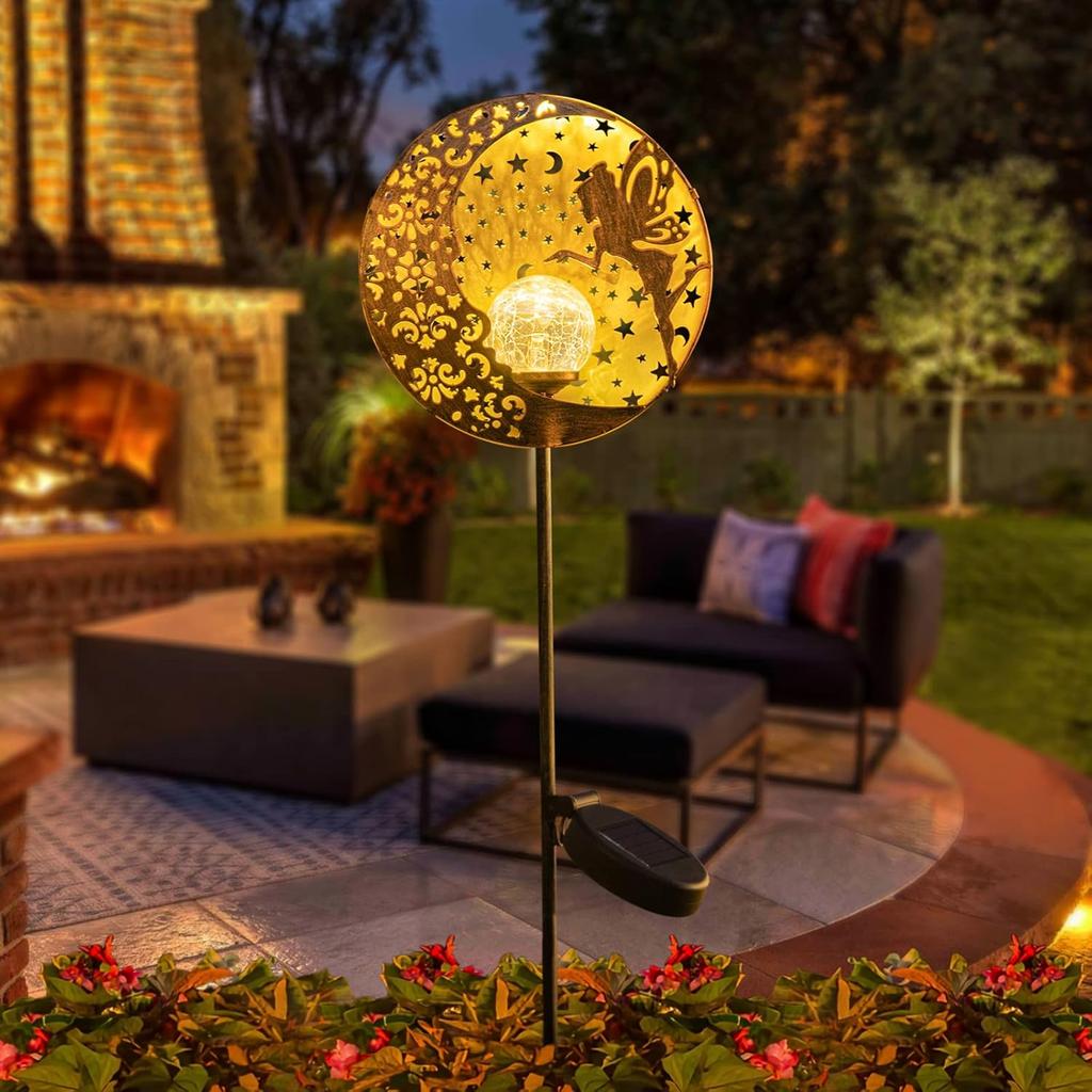 Tryme Solar Fairy Garden Lights - Moon Star Glass Globe Pathway Stake, Waterproof Outdoor Decorative Lights for Patio, Yard, Lawn