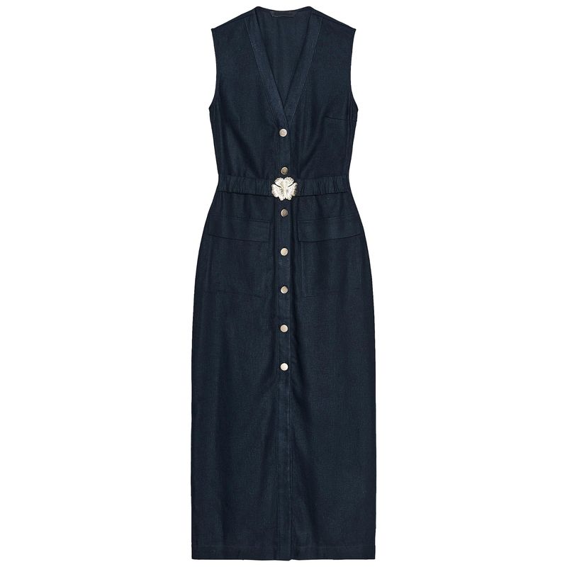 

Zaprha 2025 Summer New Flip Pocket Decoration With Belt V-neck Sleeveless Midi Dress 8208709 SEA BLUE L