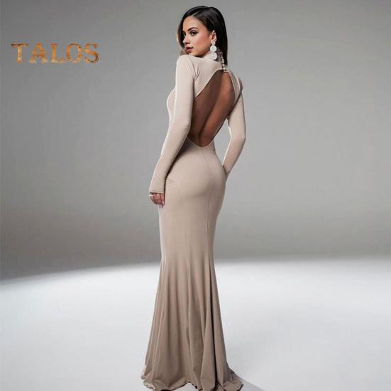 Women Evening Dress Long Sleeves Skinny Solid Color Sheath Hollow Back Floor Length Stretchy Half-high Collar Prom Party Maxi Dress