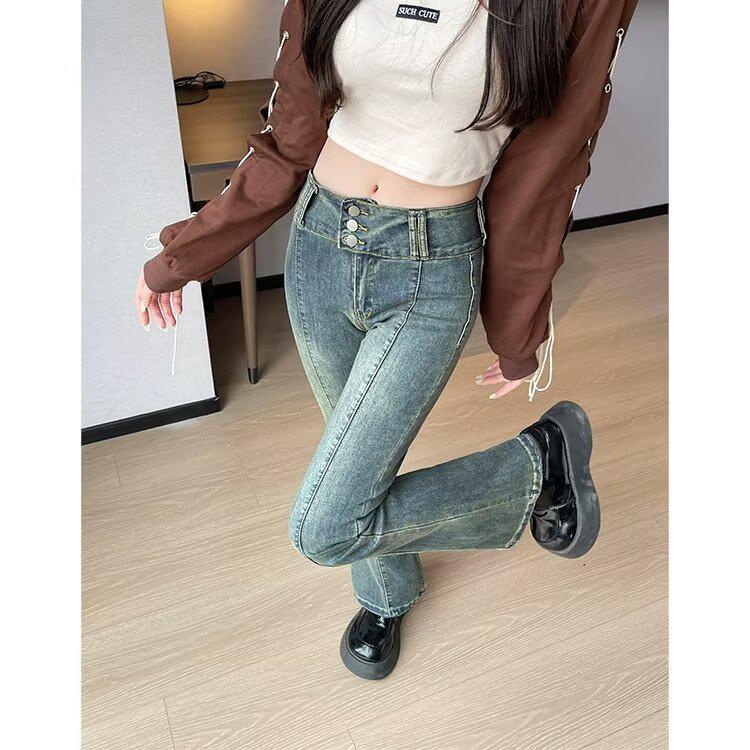 Washed Retro Micro-Flare High-Waisted Jeans for Women - 2024 Autumn Collection: Elastic, Distressed, Slimming, Tall-Looking Long Pants