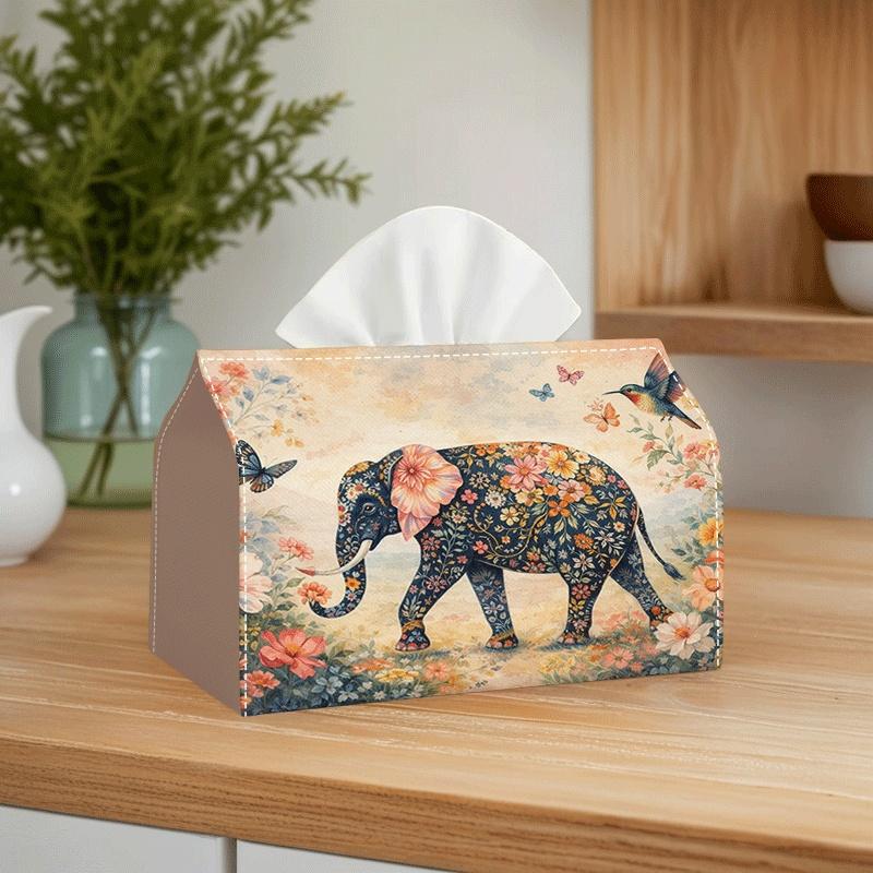 2D Flat, 1pc 2D Flat, Enlarged Version Floral Elephant Pattern, Pastoral Style, Suitable for Living Room, Bedroom, Study Room Decoration, Tissue Box,