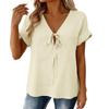 Women Short Sleeve V Neck Tie Front Blouse Loose Fit Casual Top Lightweight Textured Fabric Summer Shirt