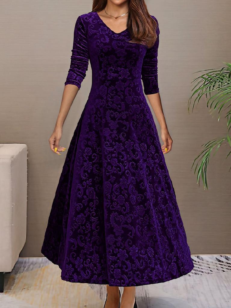 Spring Autumn New Style Elegant High-End Evening Gown Velvet Midi Dress for Women