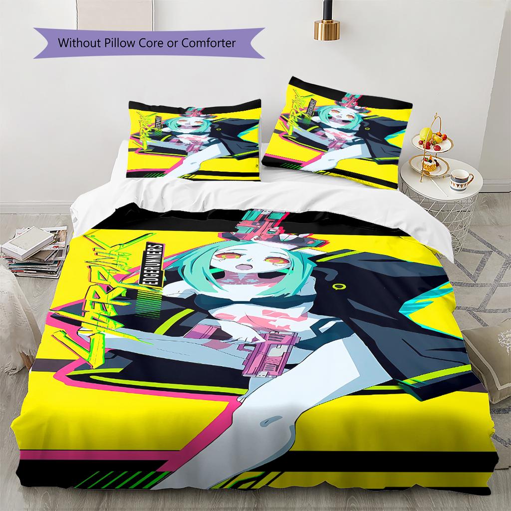 Cyberpunk Edgerunner Muster Bettwäsche, Steppbett Set Bettbezug Kissenbezug Zuhause Geburtstagsgeschenk (1 Bettbezug + 2 Kissenbezüge, ohne Füllung)