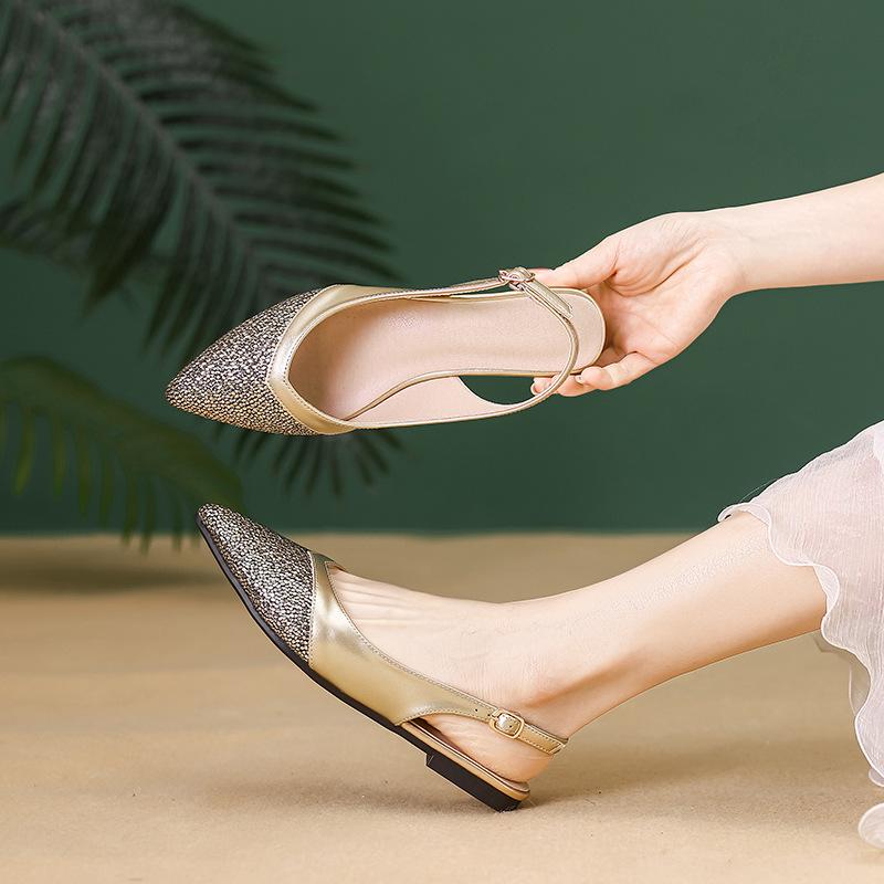 Damskie płaskie sandały slingback z ostrym czubkiem i zakrytymi palcami, płaskie sandały z paskiem z klamrą, wsuwane sandały bez pięty, wygodne buty do biura na lato, eleganckie buty dla kobiet