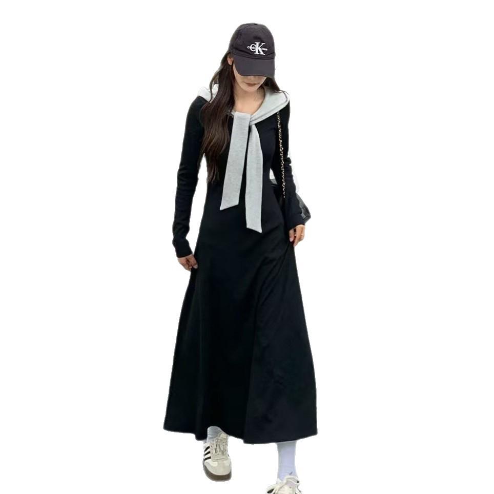 French Long-sleeved Dress Women's Autumn New Waist and Thin A-shaped Long Dress Hepburn Style Temperament Skirt