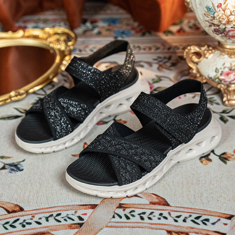 Sandals Women's Sports Sandals 2025 Summer Thick Soled Rhinestone Knitted Sandals Casual Comfortable Sports Cool Slippers