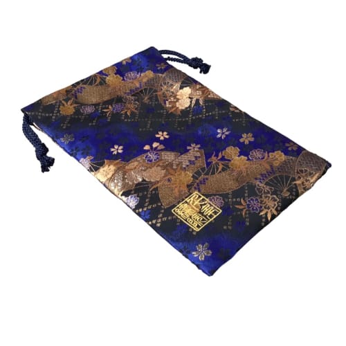 Senshishuin Nishijin Brocade Drawstring Bag (Lined) Blue Fan Cherry Blossom Design, Medium Size