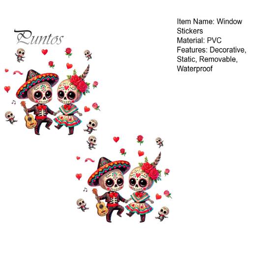 Waterproof Skeleton Art for Windows Halloween Cartoon Couple Window Stickers, PVC Day of The Dead Static Decals, Traditional Decorative Clings Mexican
