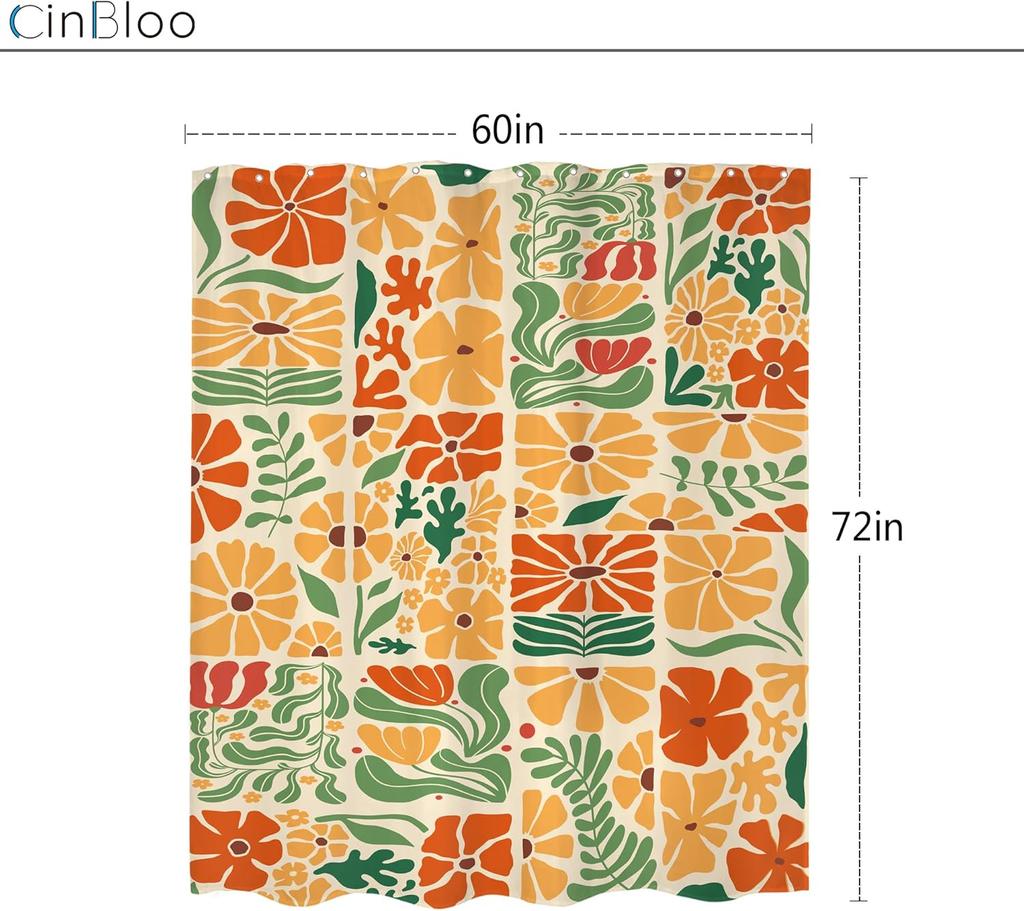 Colorful Floral Shower Curtain Vintage Inspired Design Orange Yellow Green Leaves Pattern Bathroom Decoration Trendy Boho