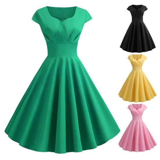 V-neck Short Sleeve Pleated Waist Tight High-Waist Gown Dress A-Line Skater Large Hem Midi Princess Dress Female Clothing