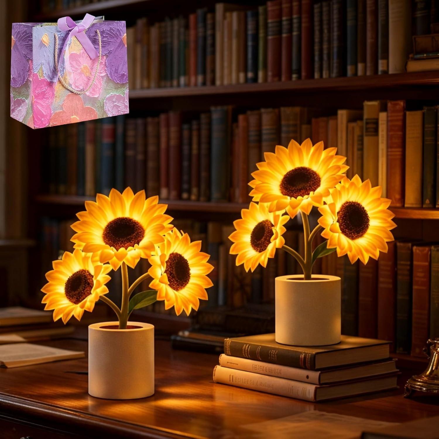 2026 Shimmering Sunflower Lamp, USB Rechargeable Artificial Sunflower Night Light, Touch Dimming & 3-Level Brightness, LED Flower Lamp for Mom, Frien 2-Pack