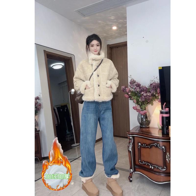 Women's Retro Fleece-Lined High-Waisted Wide Leg Jeans, Autumn/Winter 2025