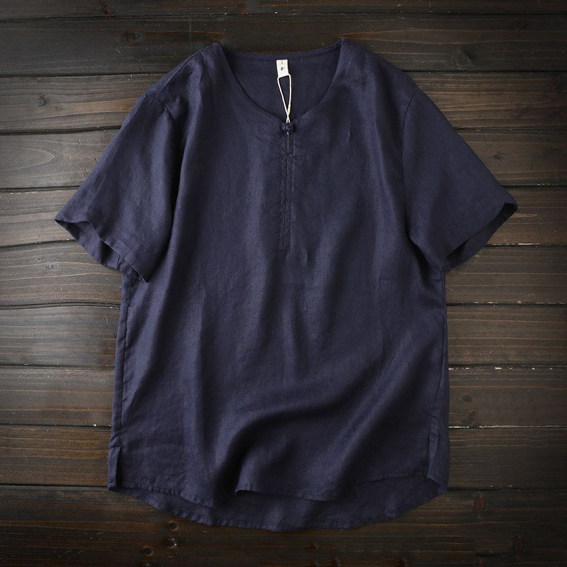 Japanese Style Order! Plaid Cold Feeling Antibacterial! Export Tail Goods Summer Men Pure Linen Breathable Short Sleeve T-shirt