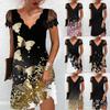 Printed Wavy V-neck Lace Short-sleeved Dress
