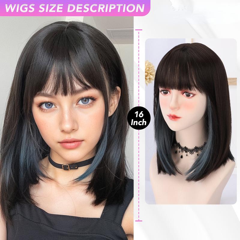 Bob 16 cali czarny grzywka schodkowa peruka z włókna syntetyczna peruka żaroodporna antyodblaskowa naturalna cosplay codzienna dla kobiet używaj koreańskiej mody