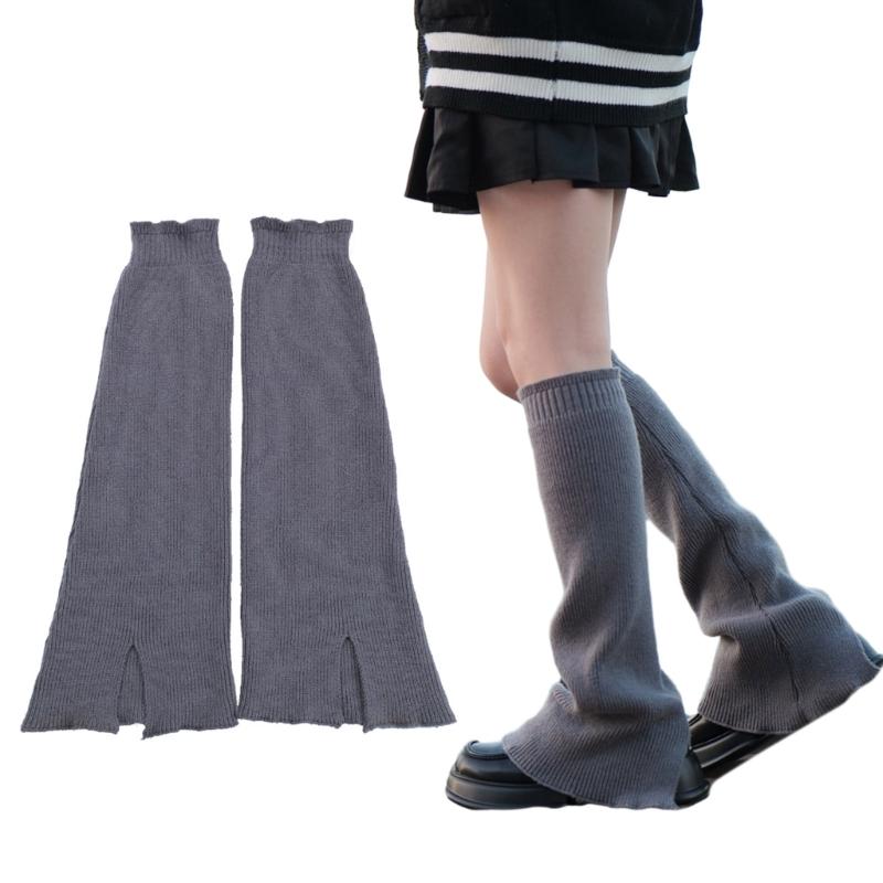 Winter Fall Knitted Leg Warmers Japanese Korean Style Wide Leg Cover Y2K Flared Split Knee High Long Socks for Women