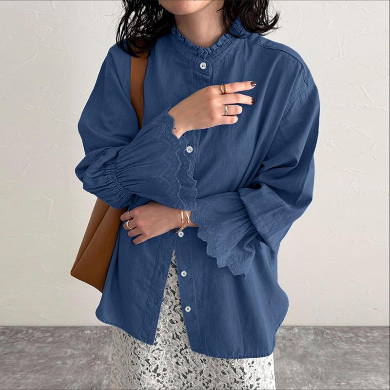 ZANZEA Women Casual Round Neck Loose Crochet Splice Long Sleeve Blouse