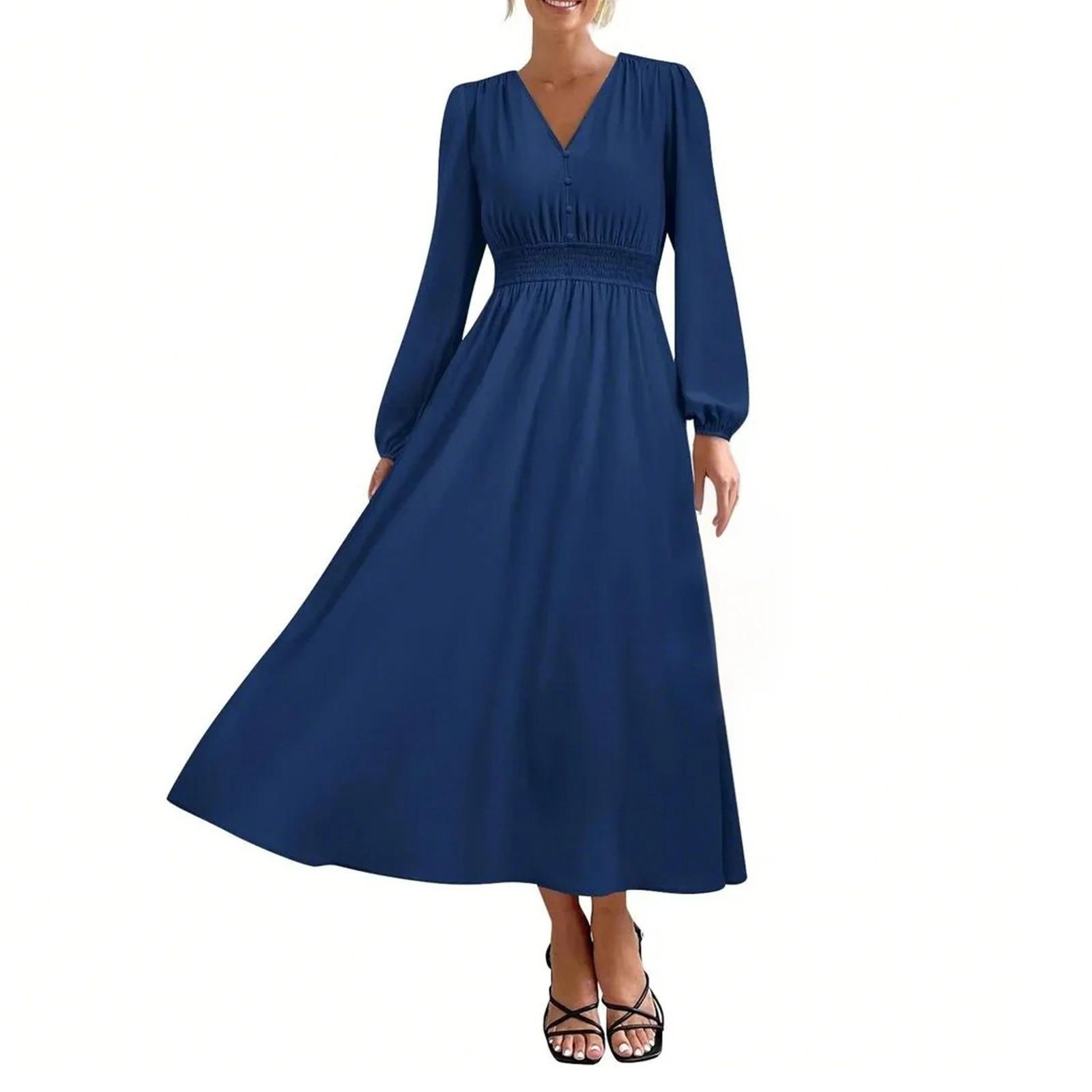 

Жіночі модні вільні довгі повсякденні сукні з V-подібним вирізом і високою талією XXL темно-синього кольору