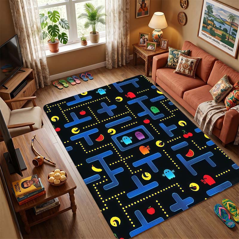 Pac-Man Retro Arcade Game Area Rug, Non-Slip Soft Floor Mat for Living Room Bedroom, Vintage 80s Game Carpet for Kids Room and Gamer Home Decor