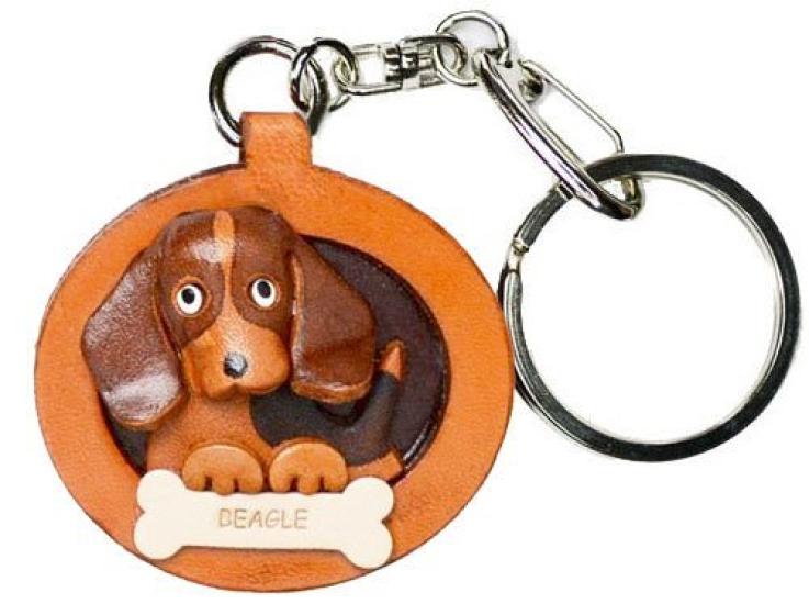 Beagle Dog Plate Genuine VANCA CRAFT Leather Story in Keychain, Leather, (Made Japan, Handmade)