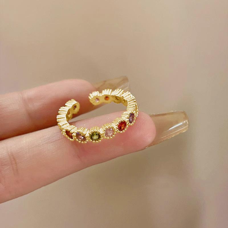 Vintage Niche Tourmaline Rainbow Ring Unique Foreign Style Senior Sense Light Temperament Open Index Finger Ring Daily Fashion Minimalist Jewelry