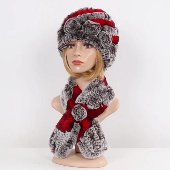 Hot Sale Lady Natural Fur Hats Scarves Sets Women Winter Knit Real Rex Rabbit Fur Hats Muffle 2 Pieces Real Fur Hat Scarf
