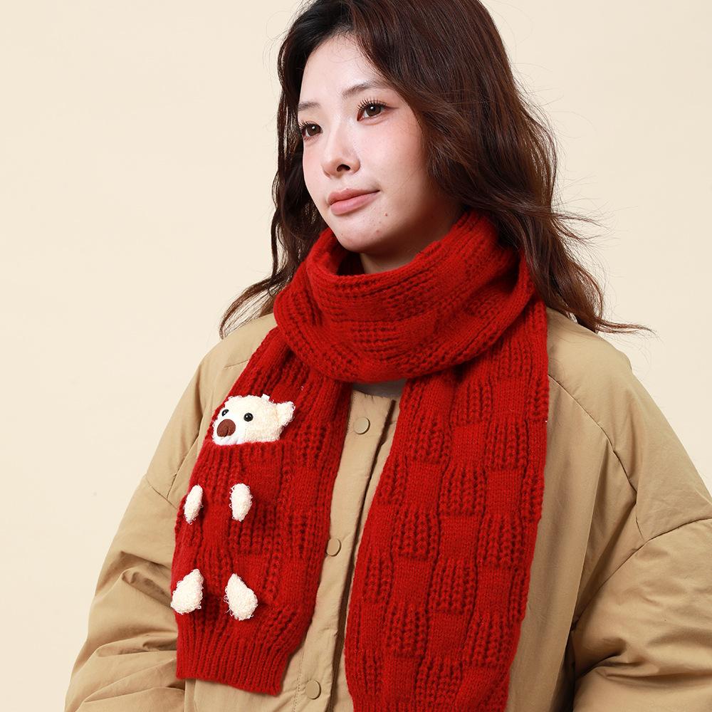 New Year's Christmas Gift Cute Bear Red Scarf Women's Winter New Warm Versatile Knitted Wool Scarf