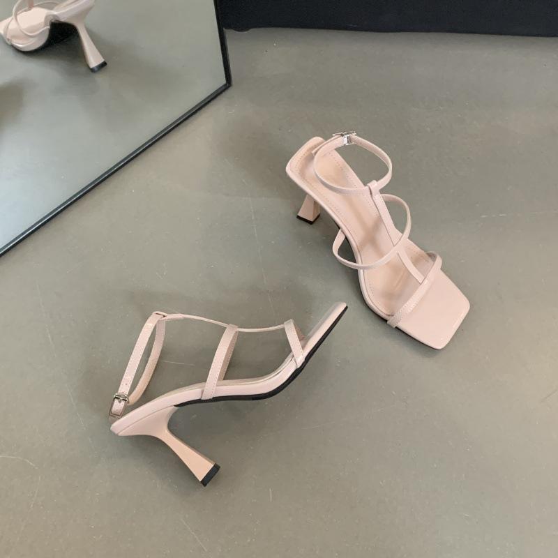 2025 Summer New Square Head Stiletto Celebrity High Word Strap Roman Sandals High Heel Sandals Women