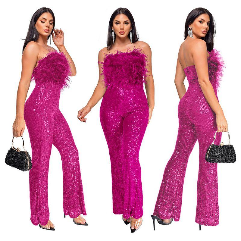 

Европейский и американский 2025 Женский комбинезон без рукавов с открытой спиной и перекрестными бретелями, топ-бандо с пайетками и перьями, облегающие брюки скинни, приталенный силуэт Rose Red XXXL