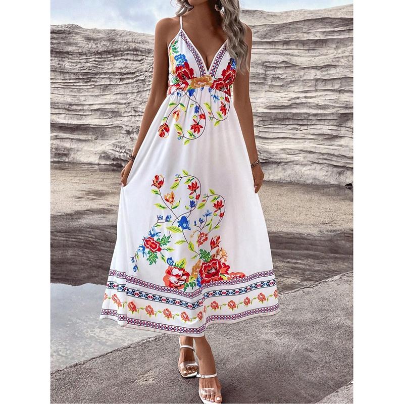 

Летнее платье с открытой спиной и V-образным вырезом, сексуальное, на бретелях, женское, модное, ретро, с высокой талией, А-силуэт, повседневные платья для отдыха, женское, облегающее, с цветочным принтом, пляжное платье 26550 M белый