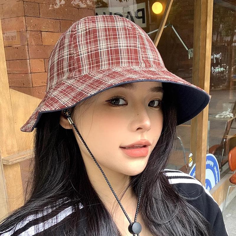 Japanese Style Retro Plaid Double Sided Fisherman's Hat New Fashionable Outdoor Large Brimmed Sun Hat Sun Protection Basin Hat Trendy