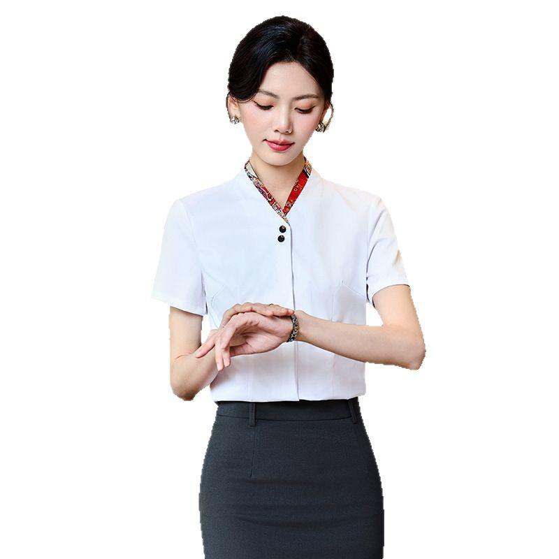 Women's Short-Sleeve Summer White Shirt - Formal, Waist-Hugging Workwear for Jewelry Store Front Desk