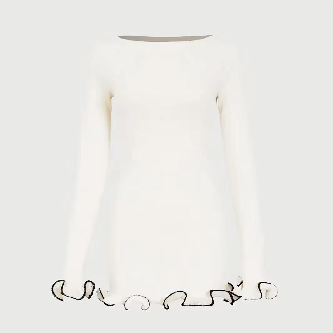 Новое трикотажное мини-платье для женщин Fungus Contrast Color Slim Sweeper Dress Elegant Female Dress Long Sleeve Dress S белый