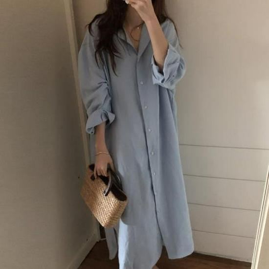 Korean Style Long Over-the-Knee Turn-Down Collar Cardigan Shirt for Women's Spring/Summer Sun Protection