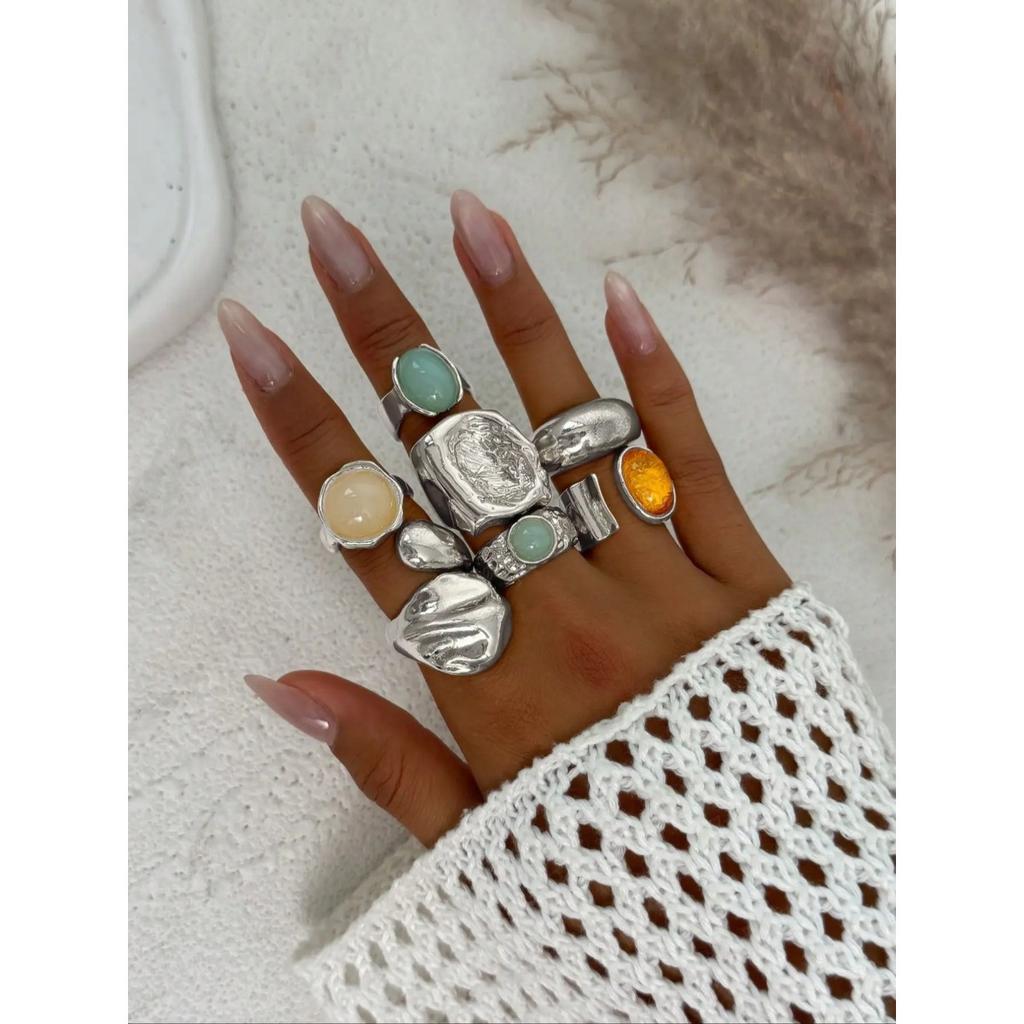7 Pieces Women's Vintage Fashion Geometric Design Ring Set, Bold Metal Rings, Perfect for Daily Wear & Party, Jewelry Gifts