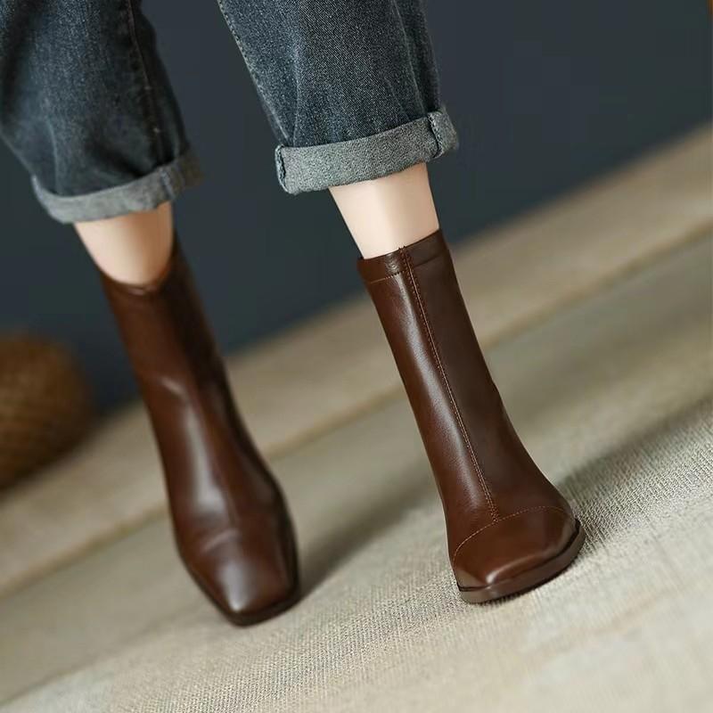 Fashion 2024 Spring and Autumn New Women's Bare Boots with Zipper Rear Leather Face Versatile and Comfortable Single Boots for Women