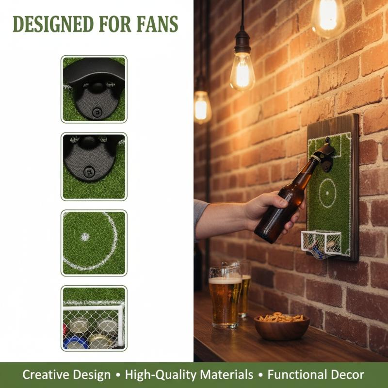 Soccer Field Bottle Opener Wall Decor, Magnetic Wall Mounted Beer Bottle Opener With Cap Catcher, Wooden Soccer Field Sign