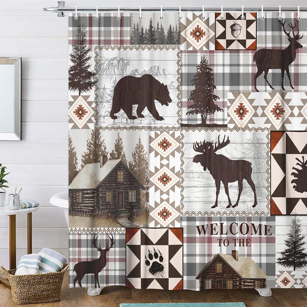 African Shower Curtain for Bathroom Elephant, Giraffe, Leopard Print  Cabin Tropical Forest Decorative Curtain With Hooks