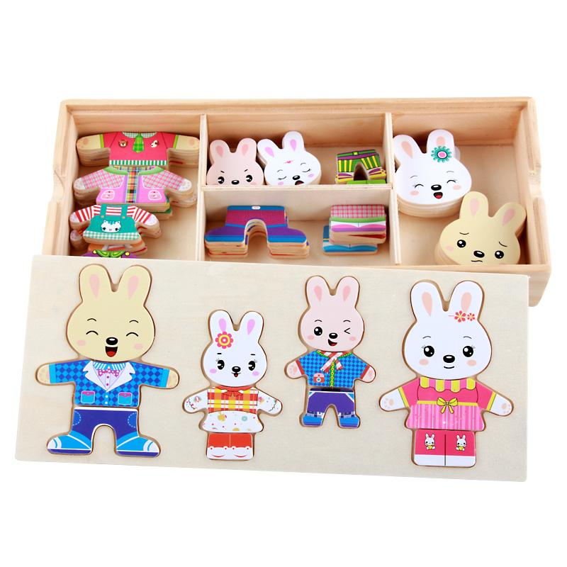 Montessori Wooden Toy Cartoon Animal Jigsaw Puzzle - Dress Changing Shape Matching Educational Play for Children