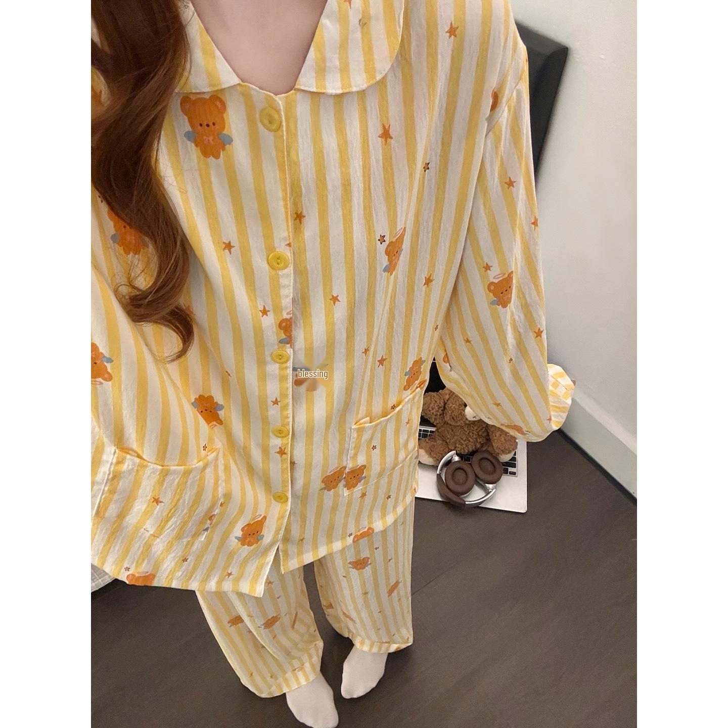 

Women’s Winter Cloud Cotton Pajama Set - Loose Fit, Plus Size, Cartoon Design, Versatile Cardigan, Lapel Collar Extra Large