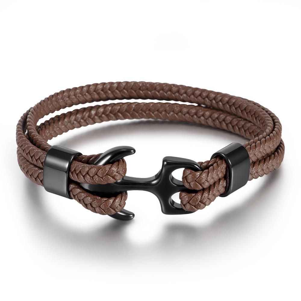 Handmade 18K Gold Plated 316L Stainless Steel Leather Animal Shape Punk Anchor Cuff Bracelet Braided for Men