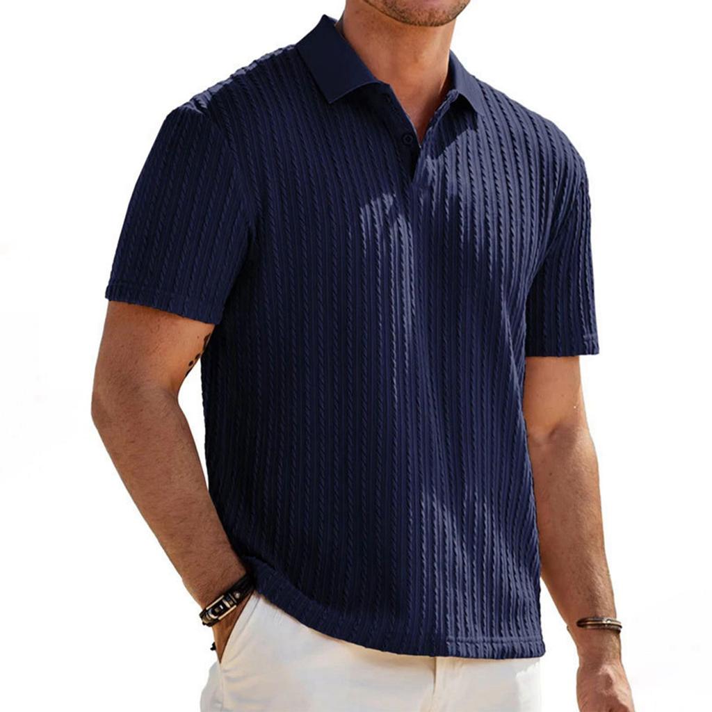 Men's Loose Fit Knitted Jacquard Short Sleeve Polo Shirt Button Front Casual Business Lightweight Summer Top