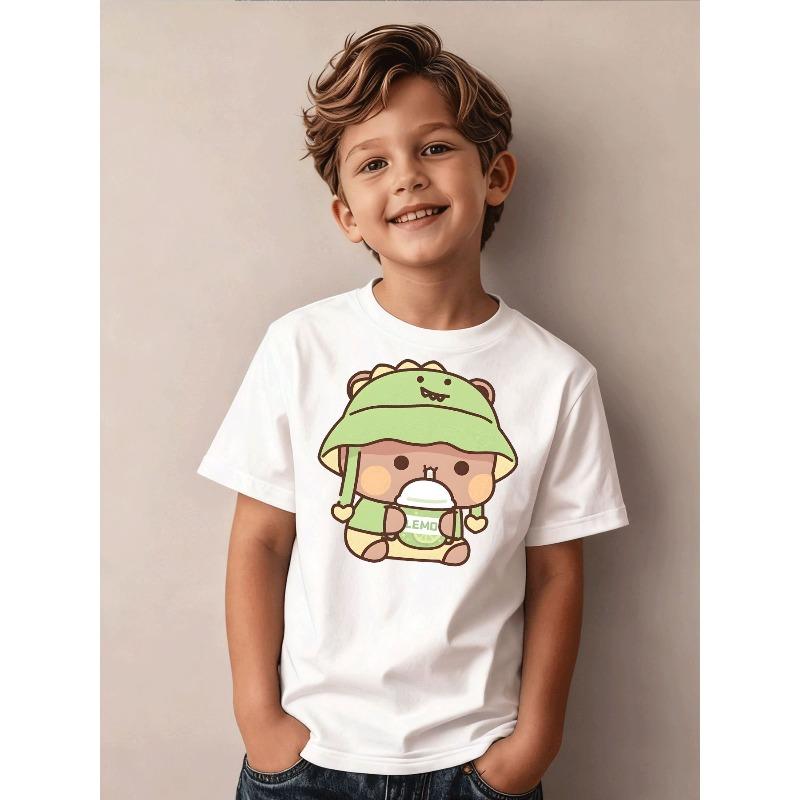 European sizes Boys T-Shirt Casual Trendy Kids Wear for Boys with Cute Cartoon Bear in Dinosaur Hat Holding Lemon Drink Pattern Daily Sport 110 белый