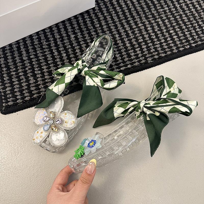 Crystal Shoes Transparent Jelly Bag Head Sandals Women's Spring and Summer Outer Wear Thin Bottom Square Head Flower with Diamond Retro Evening Shoes
