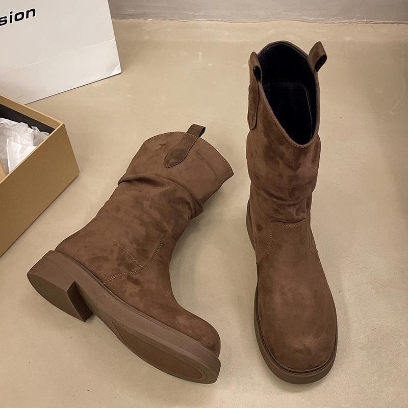 

6051-2 Рыцарские сапоги Женские 2025 Новые Круглый носок Теплые Модные Ветрозащитные до колена Женские сапоги 39 хаки