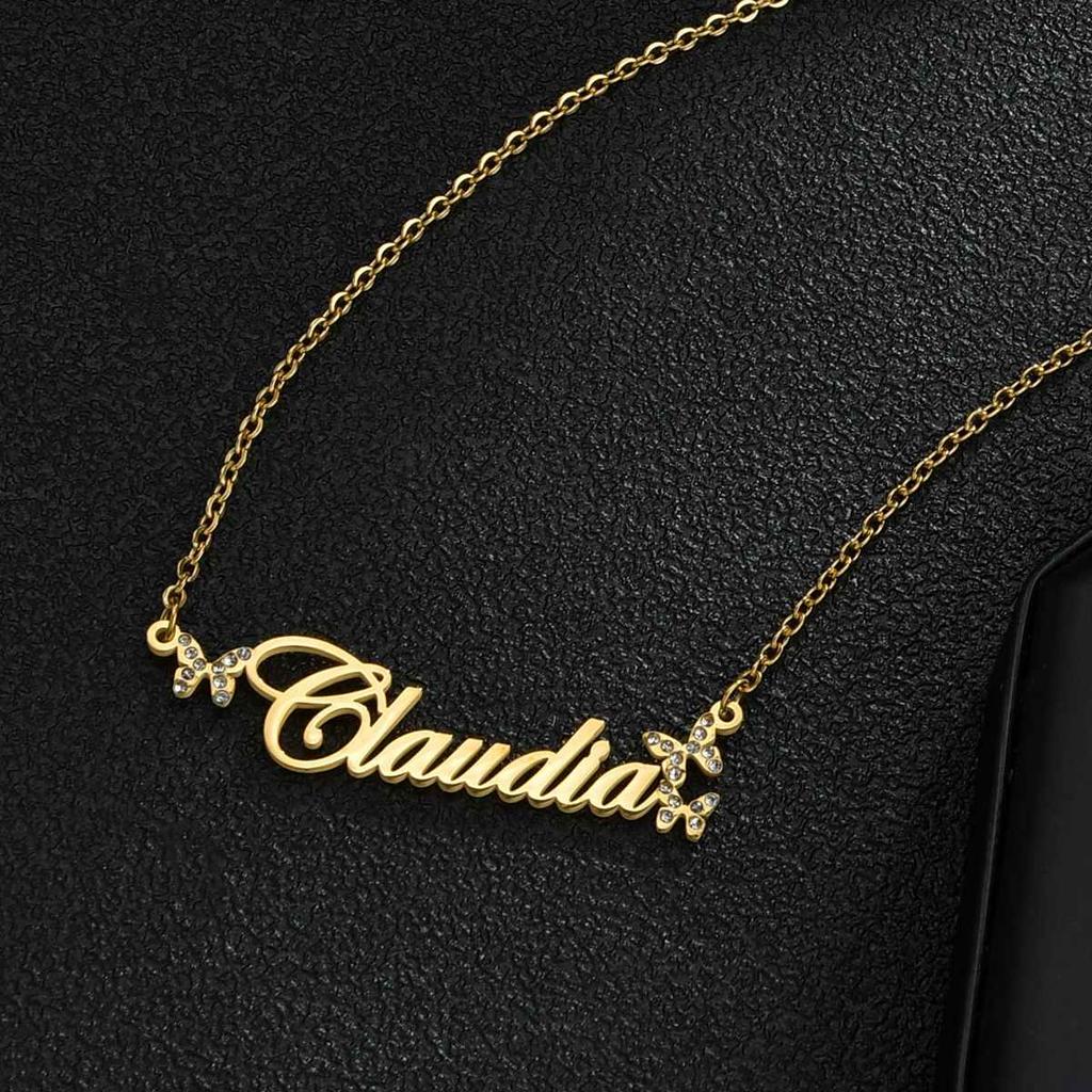 Atoztide Custom Name Necklace for Women Zircon Heart Butterfly Stainless Steel Jewelry Choker Chain Personalized Birthday Gift